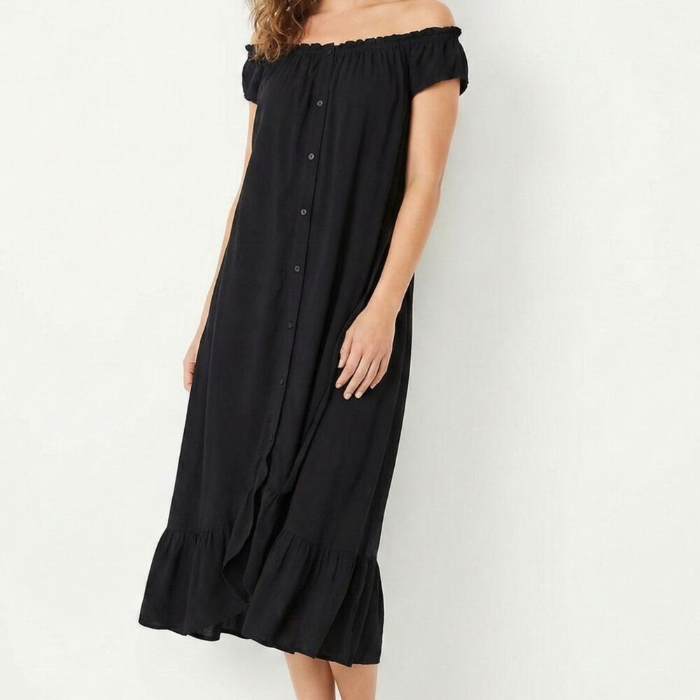 LOFT Medium Petites Black Midi Dress Cap Sleeve or Off Shoulder 100% Rayon